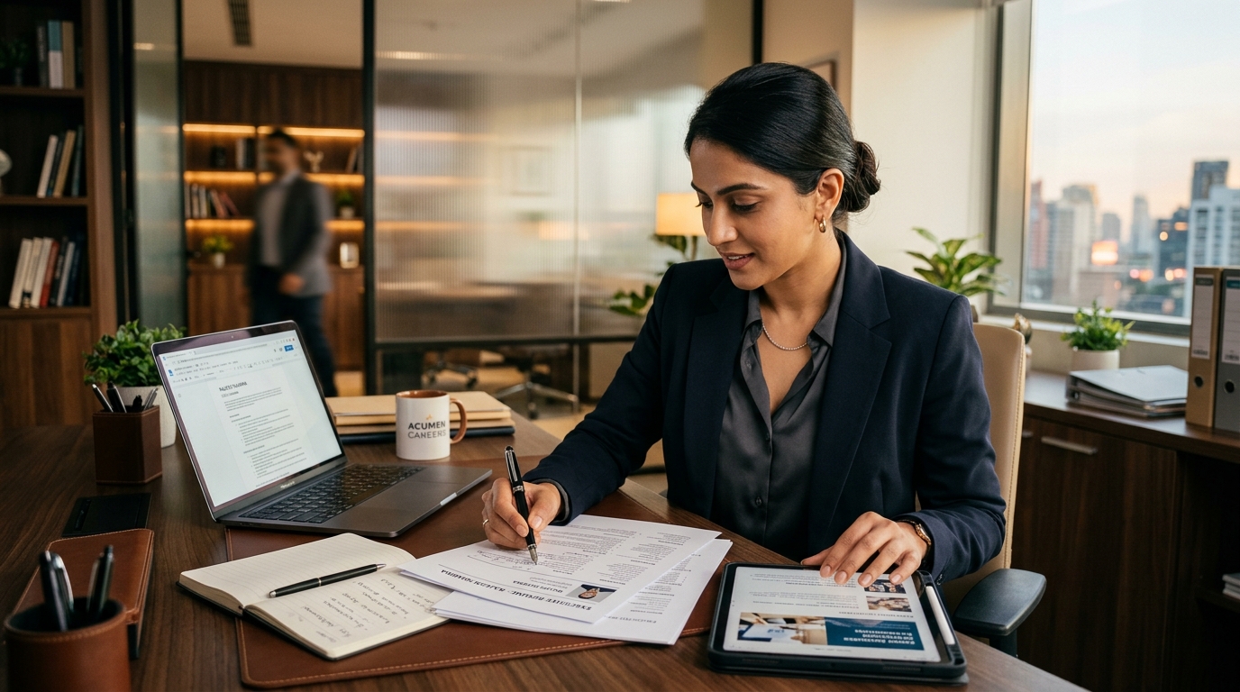 Executive reviewing business documentation in corporate office