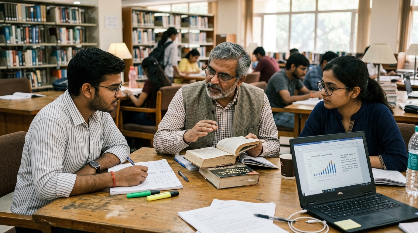Academic mentors and research scholars collaborating in library archive