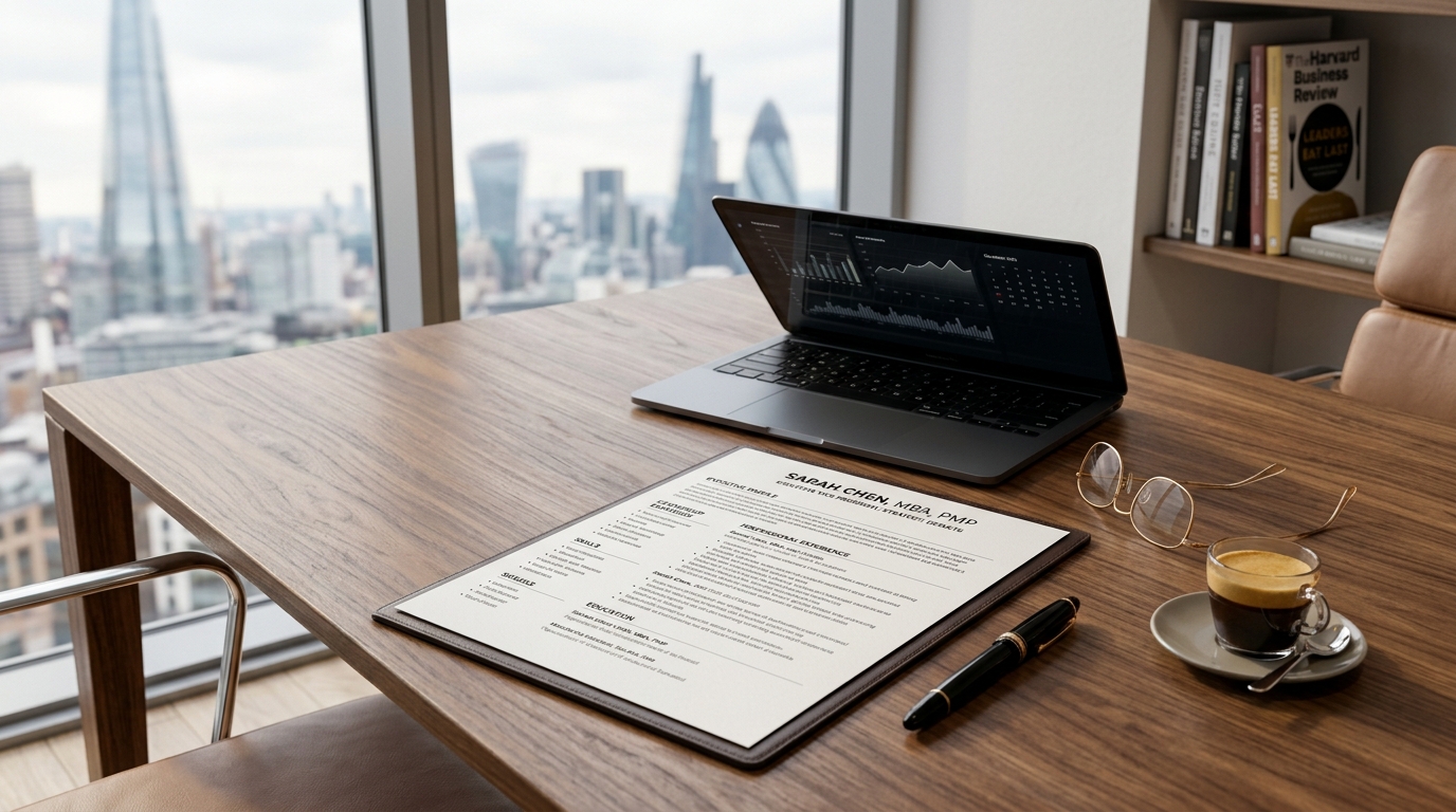 Executive ATS resume on modern wooden desk with fountain pen and skyline