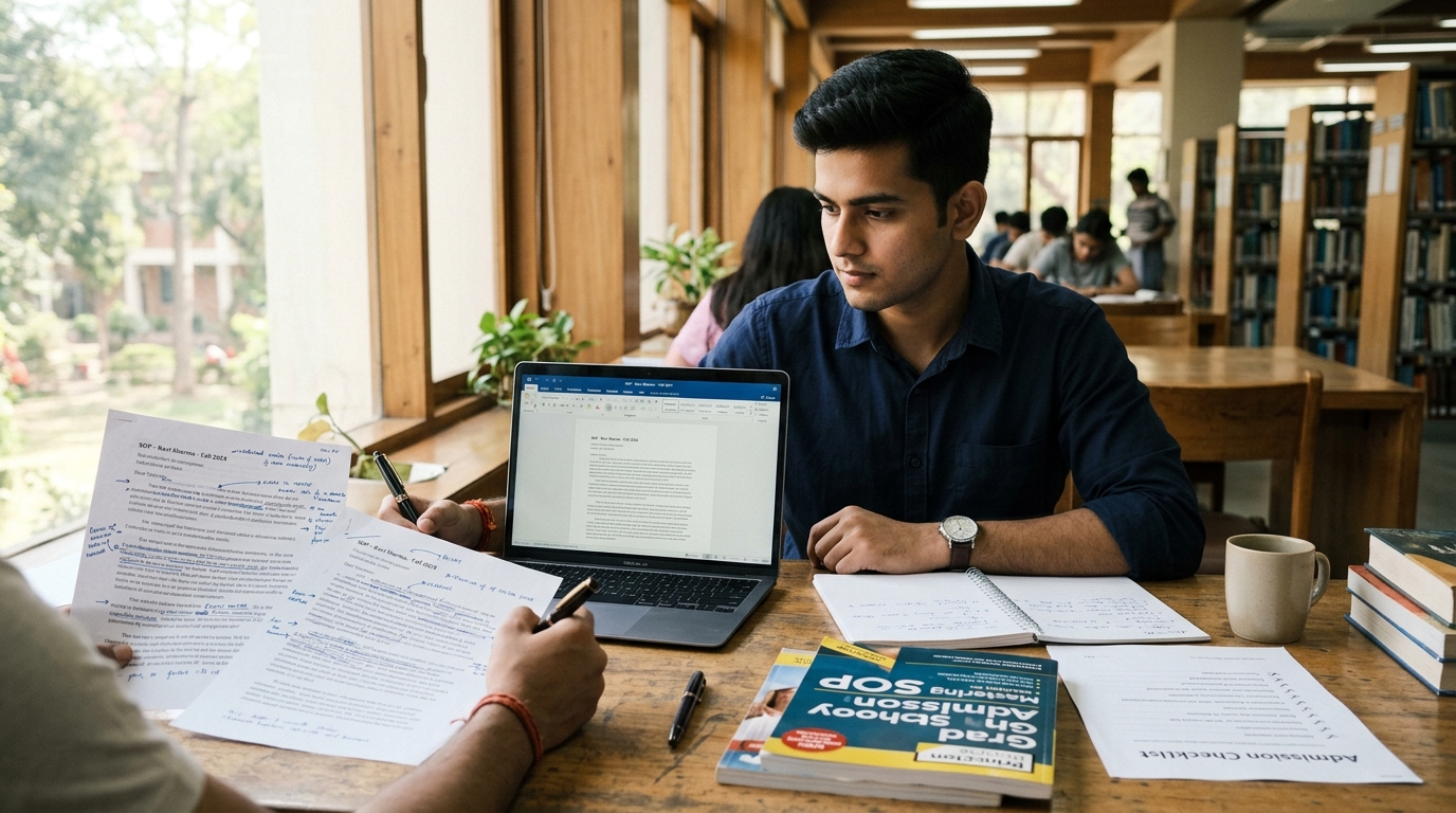 University statement of purpose on laptop with library desk and notes
