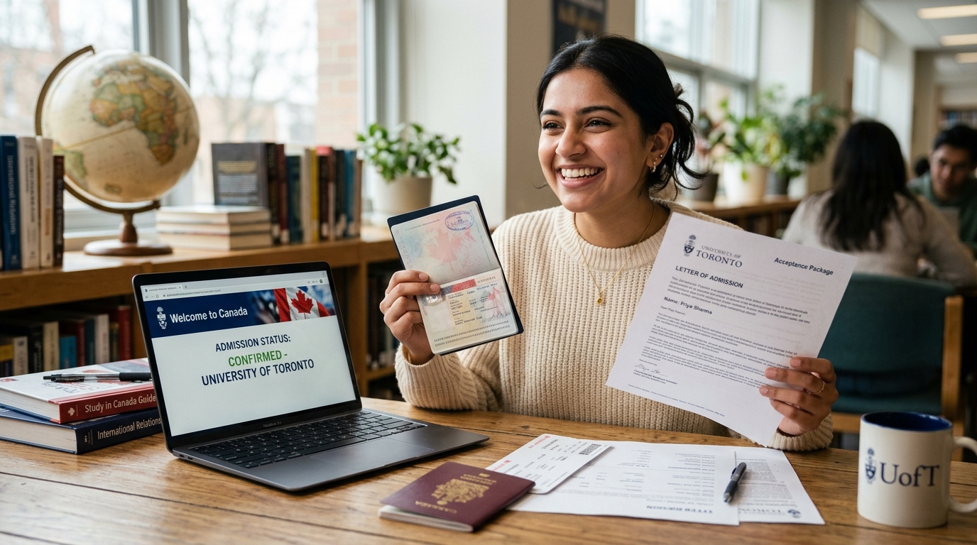 International university student holding approved visa and admissions offer